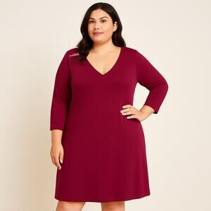Kate & Mallory Plus Size 1X Women's 3/4 Sleeve Shift Dress Burgundy Wine Formal